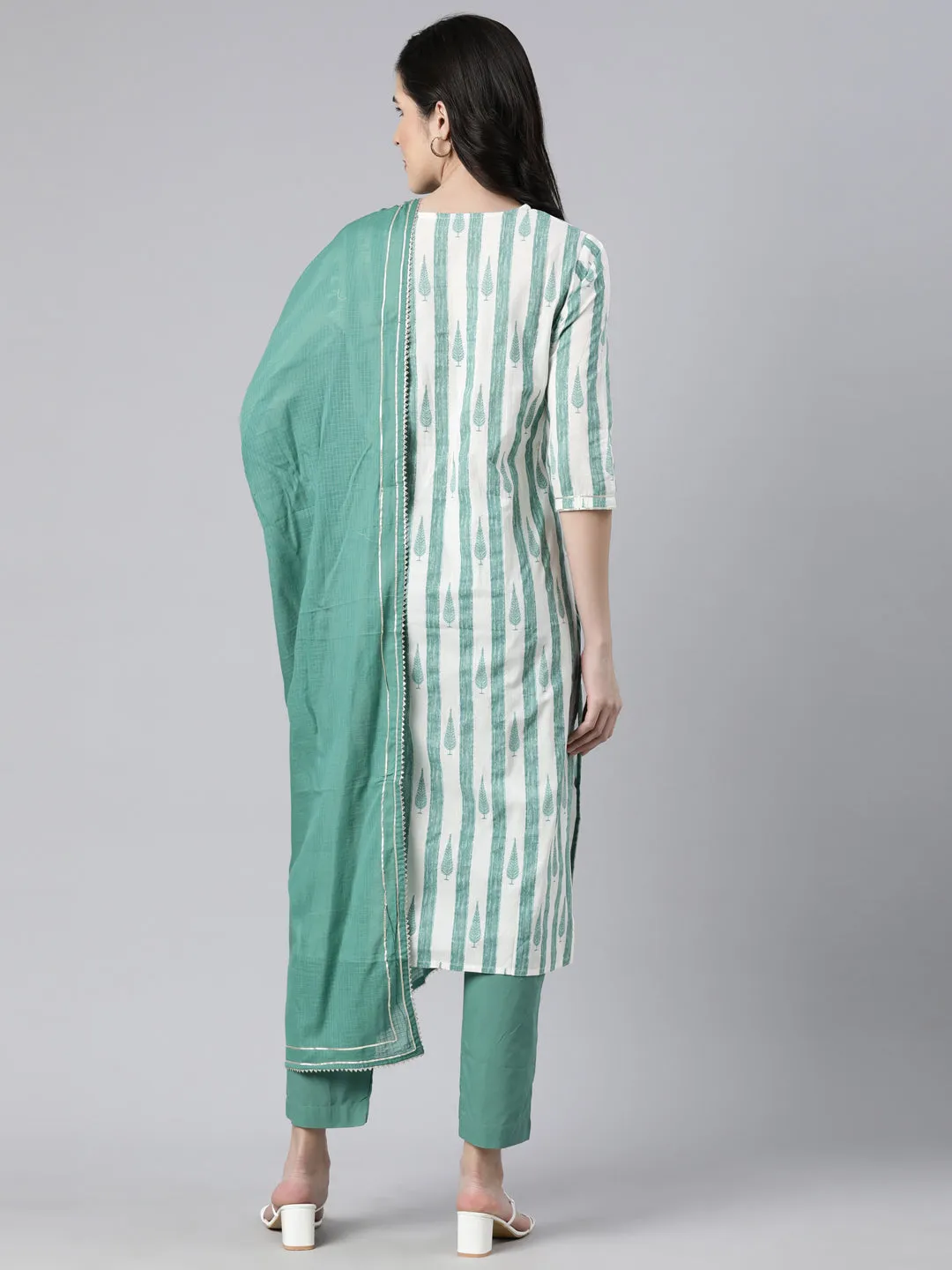 Neerus Green Regular Straight Striped Kurta And  Trousers With Dupatta