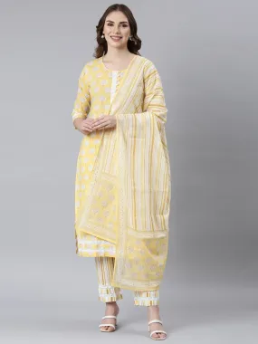 Neerus Yellow Panelled Straight Floral Kurta And Trousers With Dupatta