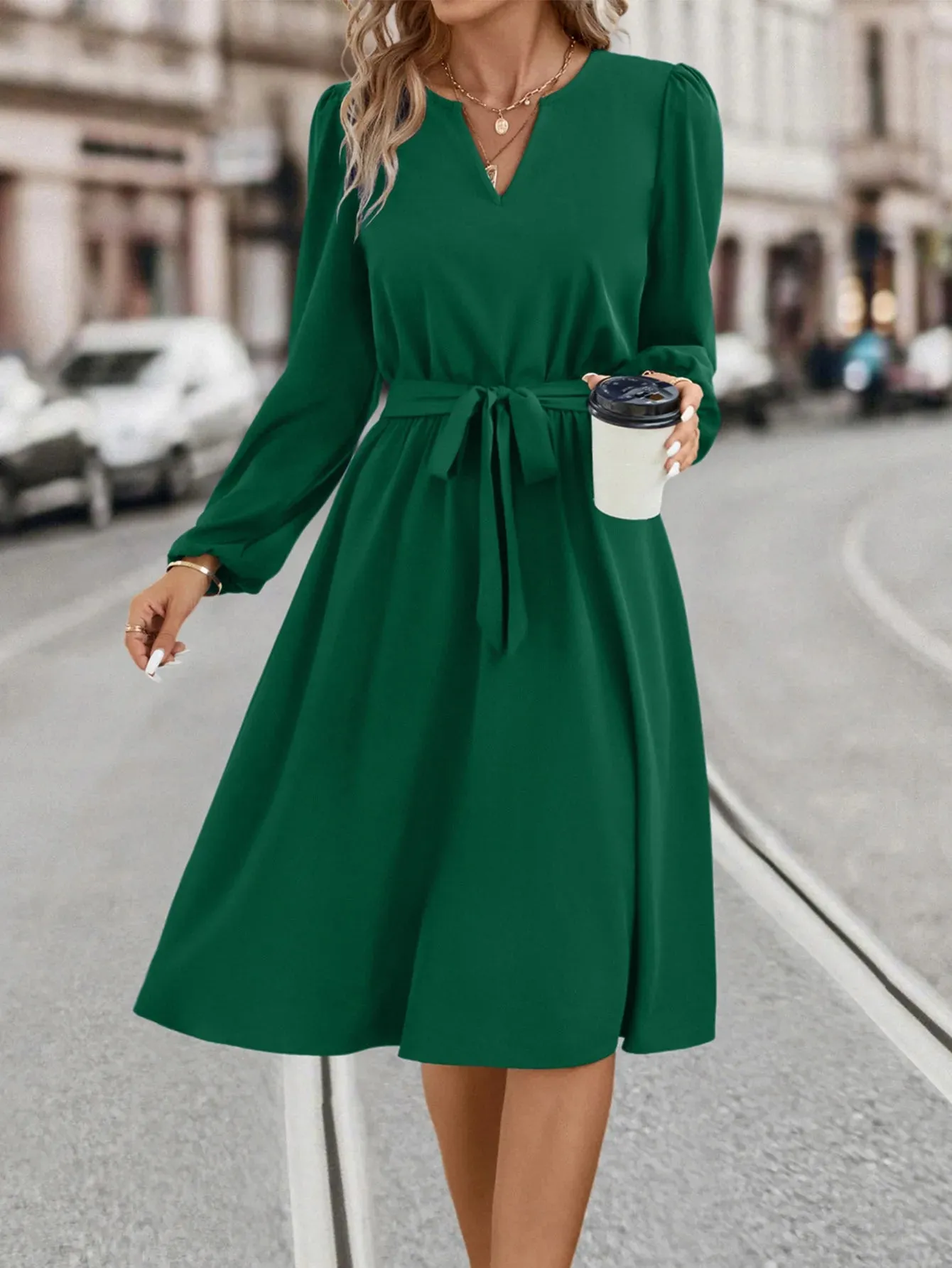 New Autumn And Winter Women's Fashion Long Sleeved Small V-neck Strap Dress Women's Green Elegant Casual Waist Pulling Vestidos