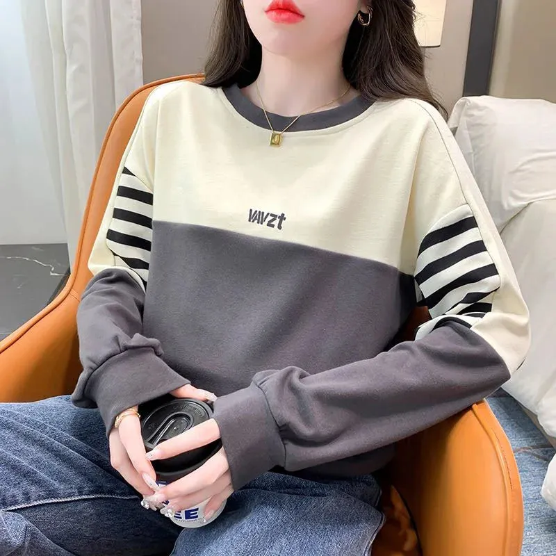 New Autumn/Winter Korean Edition High End Contrast Round Neck Fashion Versatile Loose Relaxed Slim Women's Long Sleeve Sweater