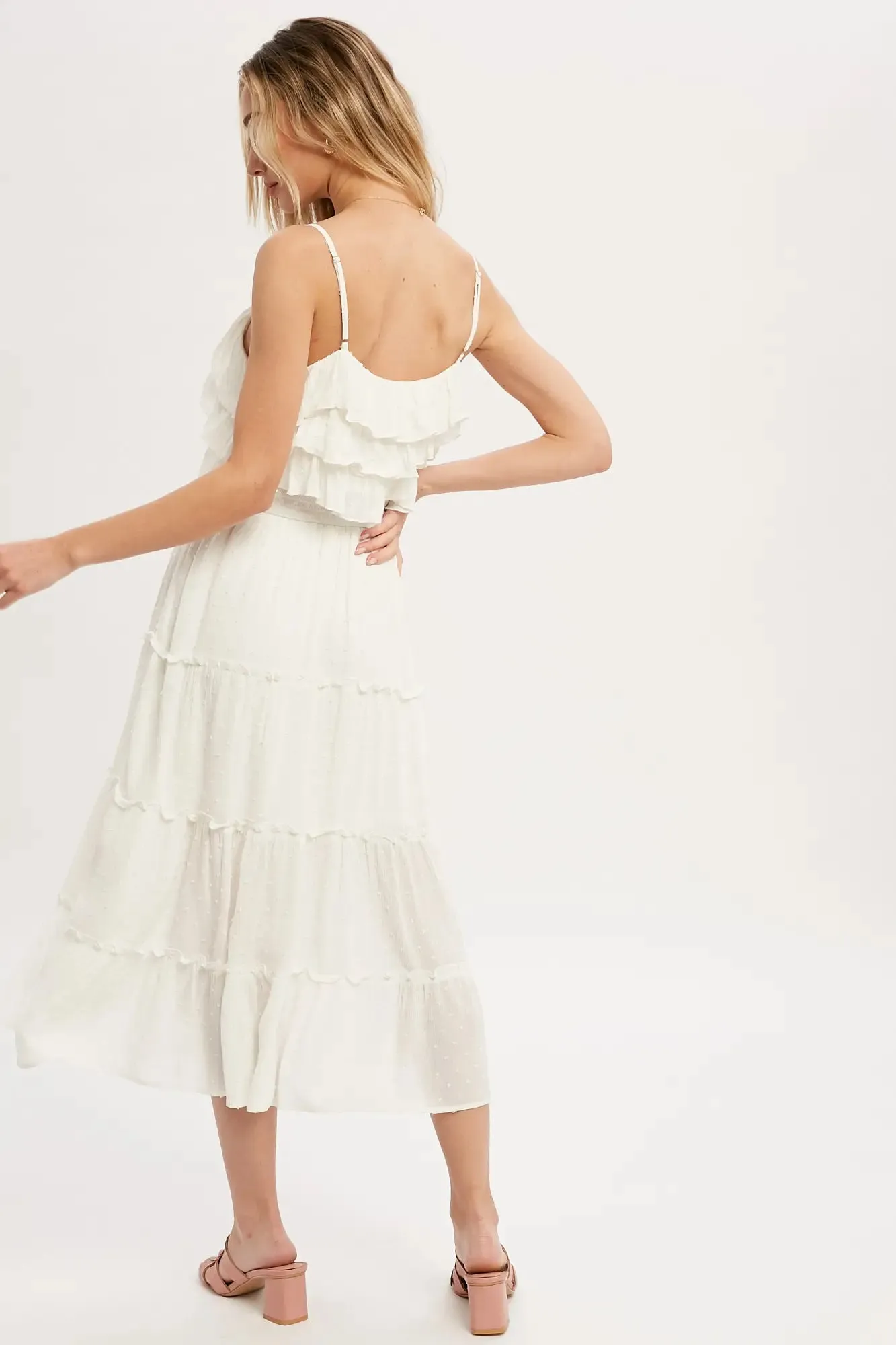 Off-White Swiss Dot Frill Tiered Midi dress