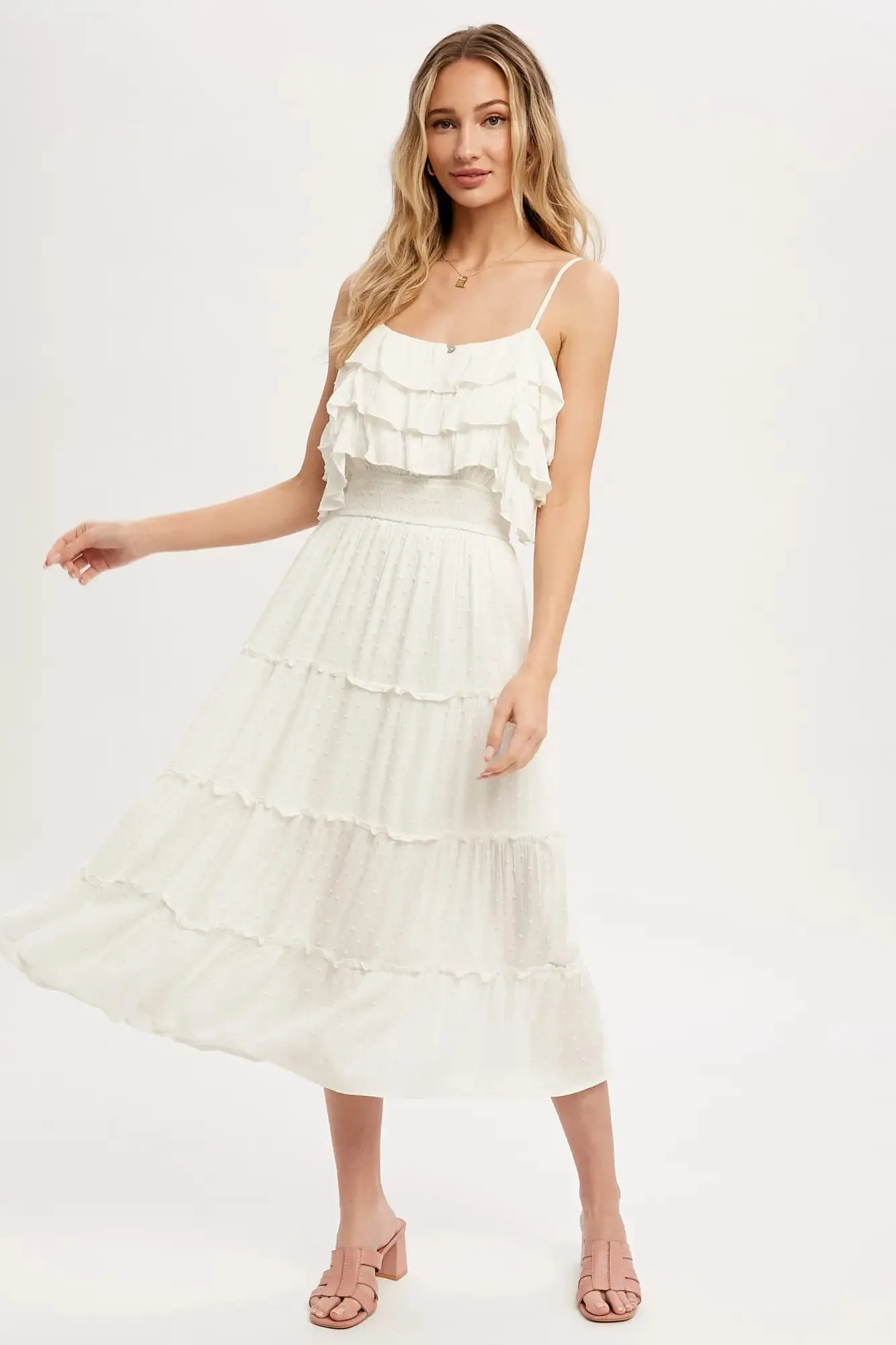 Off-White Swiss Dot Frill Tiered Midi dress