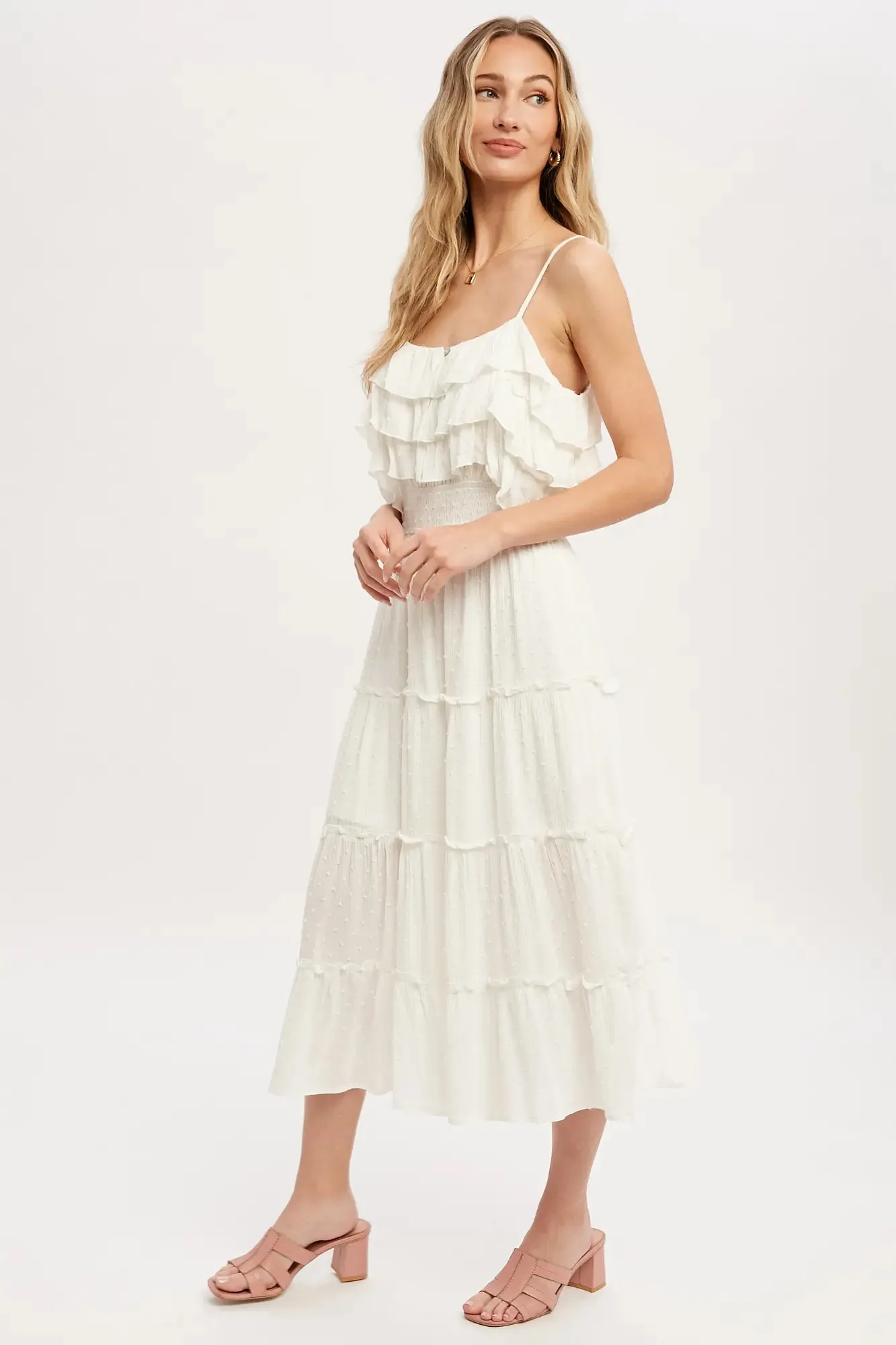 Off-White Swiss Dot Frill Tiered Midi dress