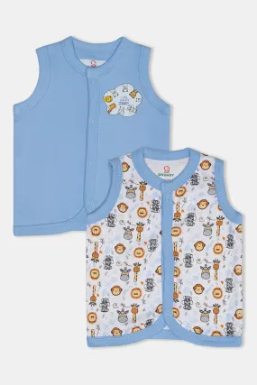 Oh Baby Cotton Interlock Knit Animal Print Sleeeveless T-Shirt Pack Of - 2 - Sky Blue & Assorted - Ts04