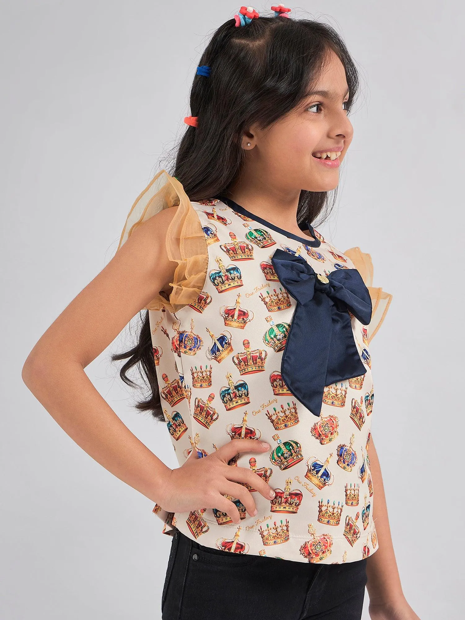 One Friday Kids Girls Crown Printed Top With Navy Blue Bow