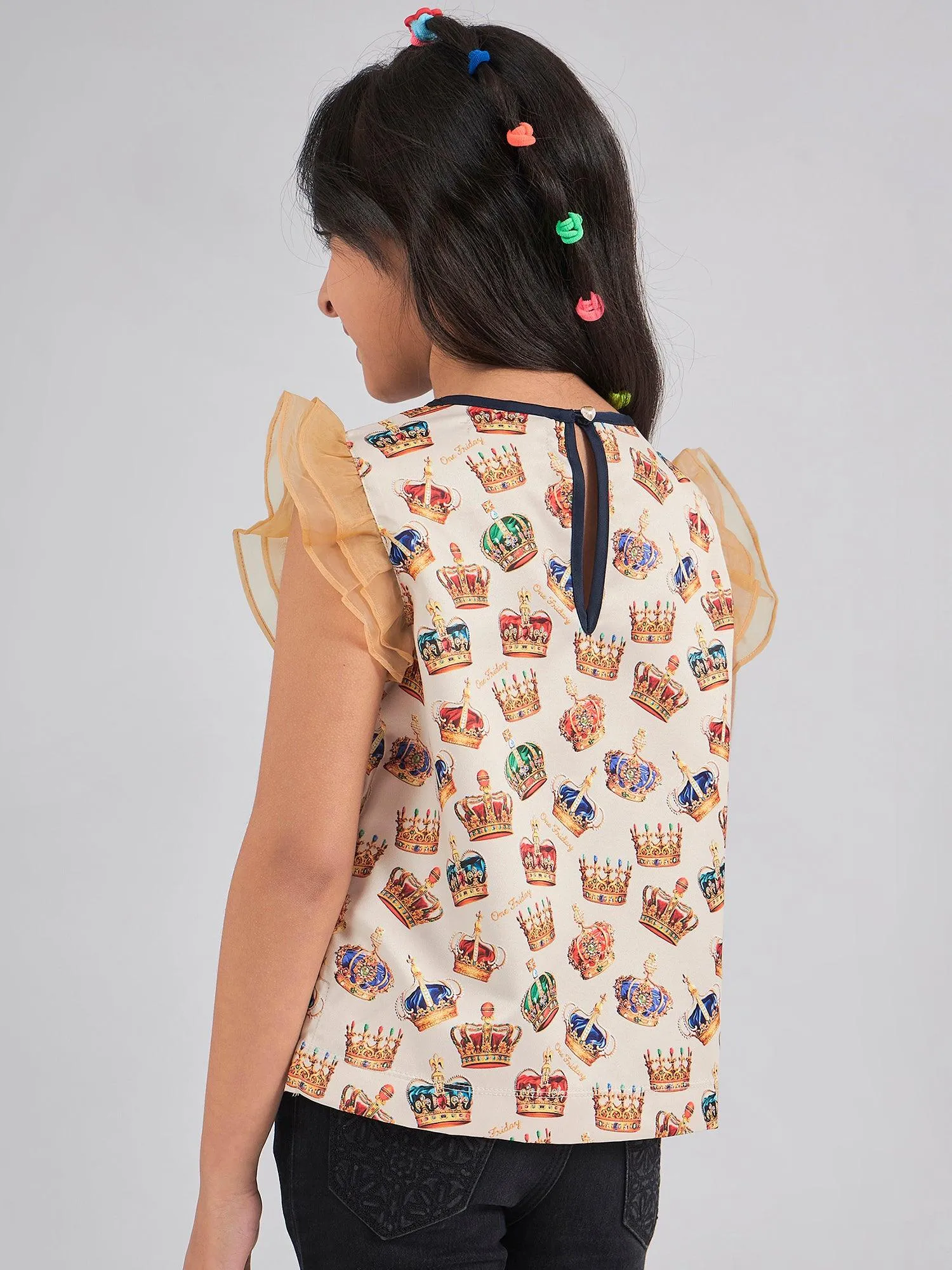 One Friday Kids Girls Crown Printed Top With Navy Blue Bow