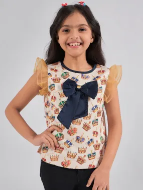 One Friday Kids Girls Crown Printed Top With Navy Blue Bow