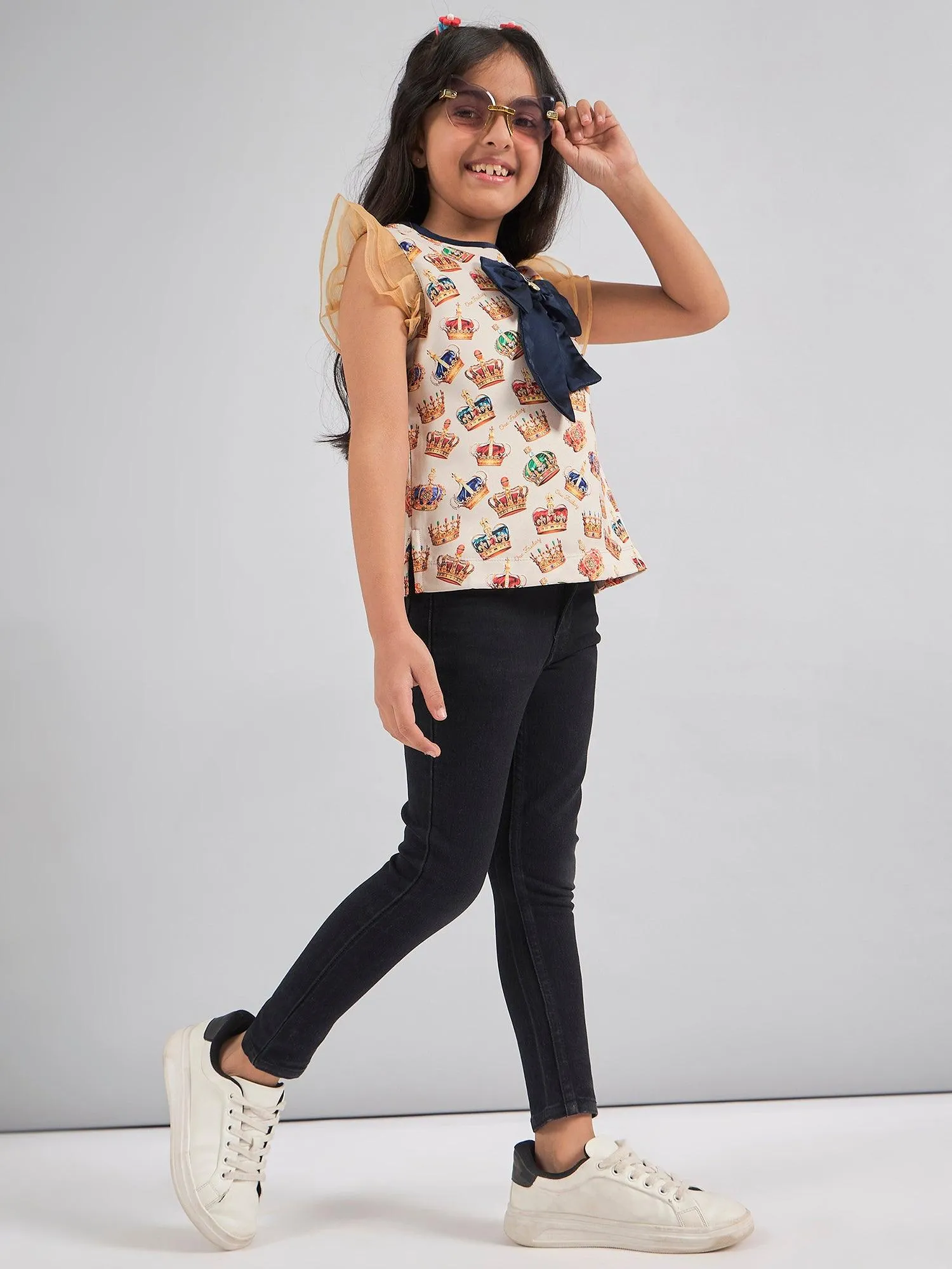 One Friday Kids Girls Crown Printed Top With Navy Blue Bow