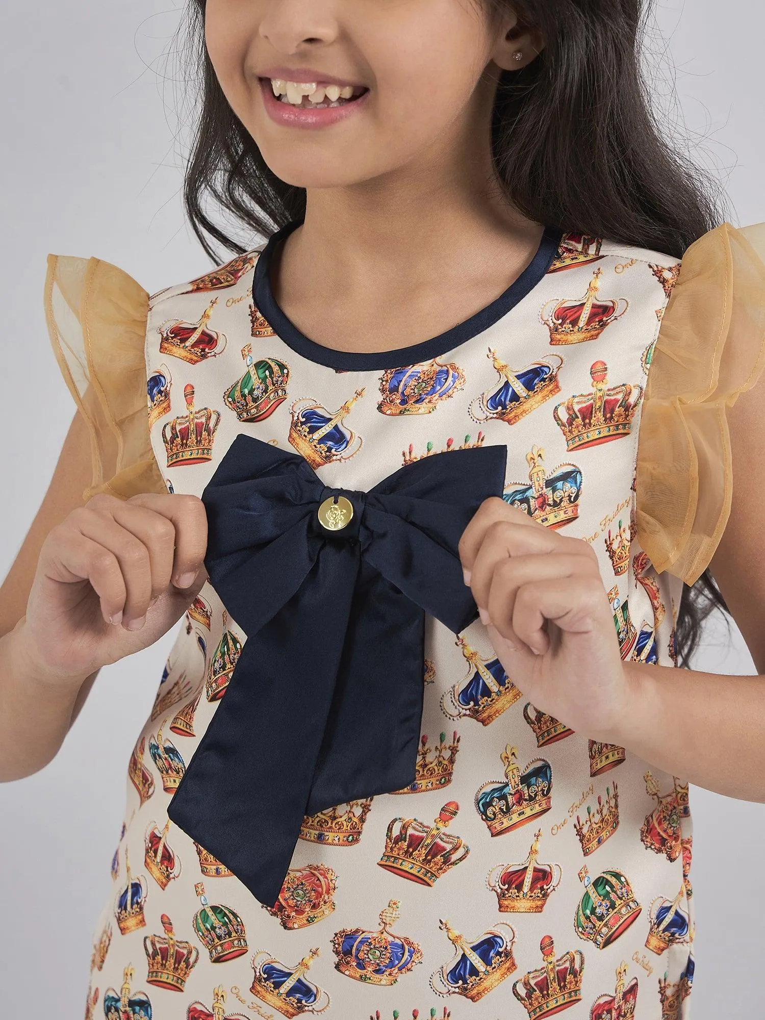 One Friday Kids Girls Crown Printed Top With Navy Blue Bow