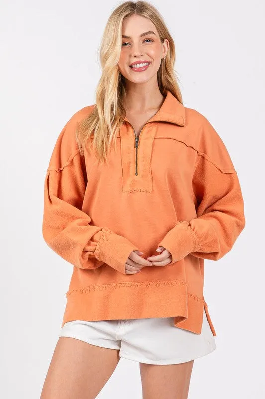 Orange Washed Terry Zipup Pullover