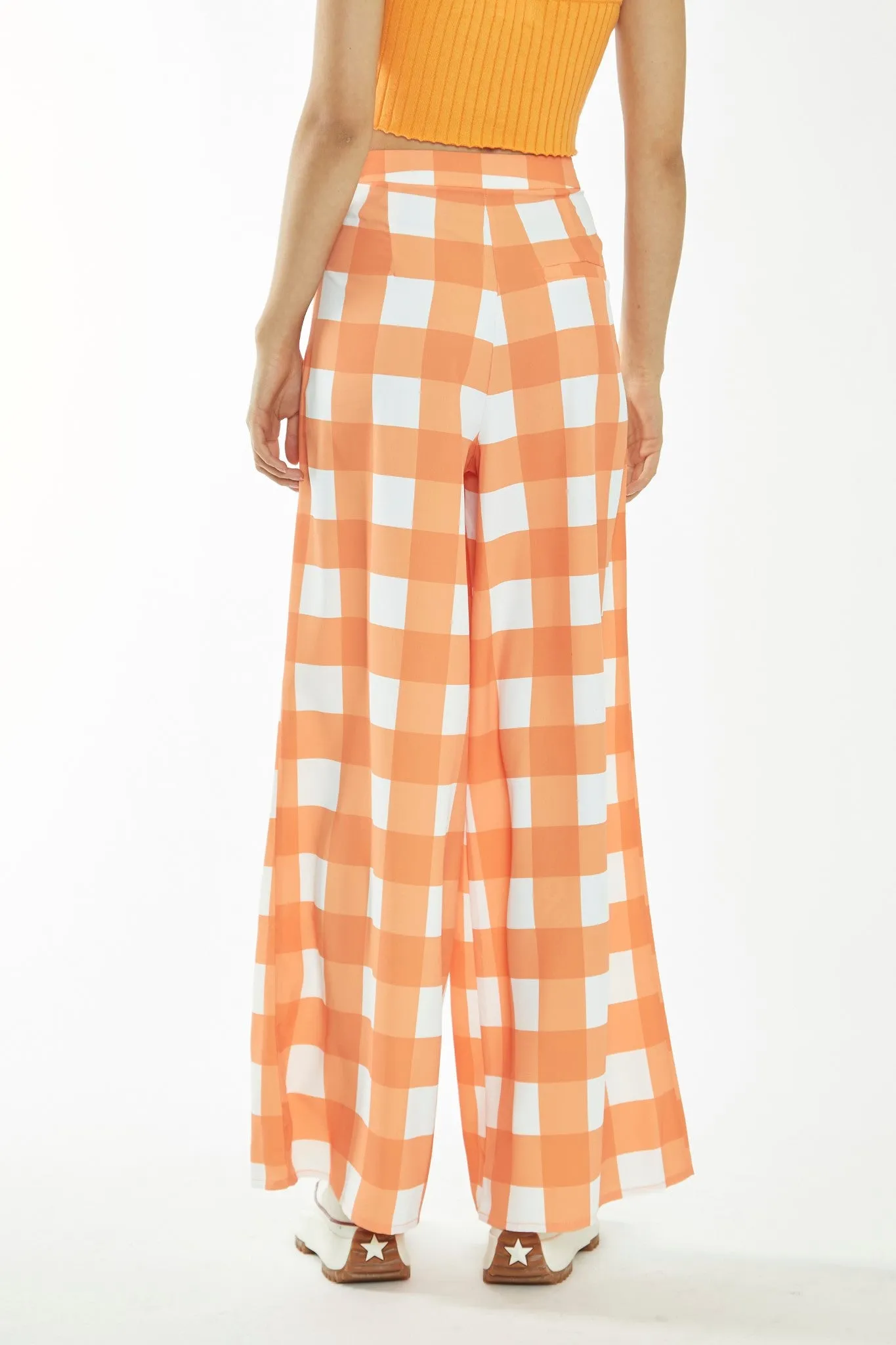 Orange-White Gingham Wide Leg Trousers