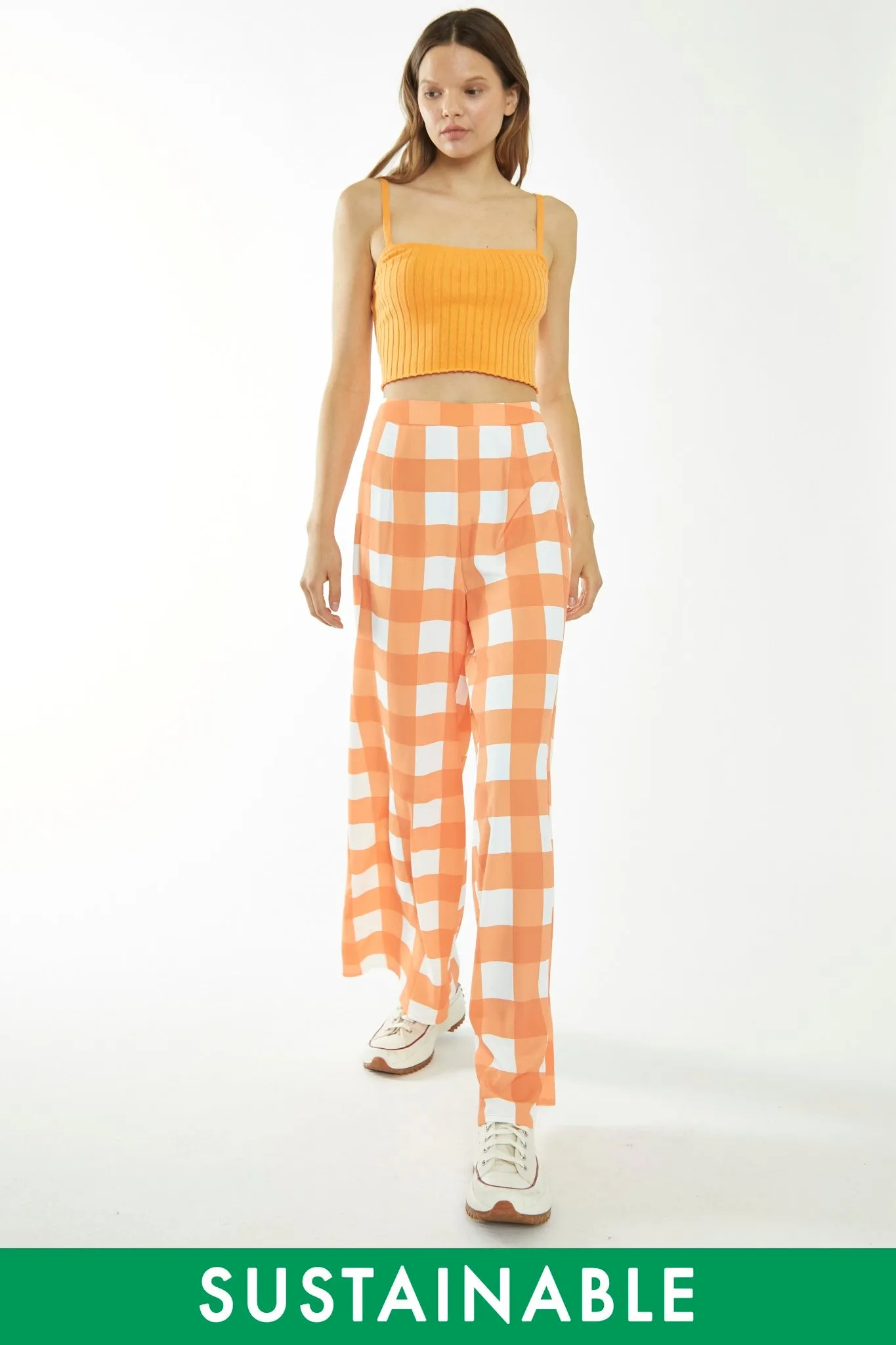 Orange-White Gingham Wide Leg Trousers