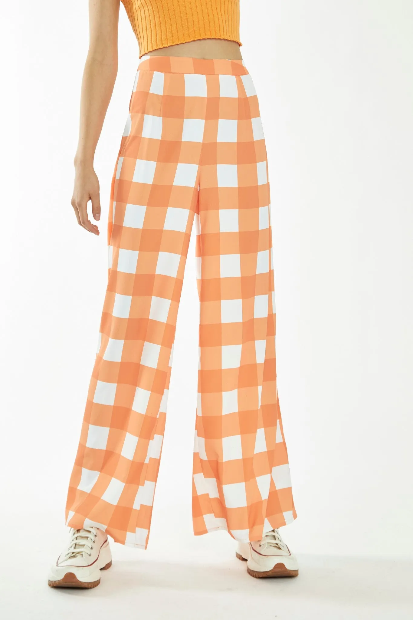 Orange-White Gingham Wide Leg Trousers