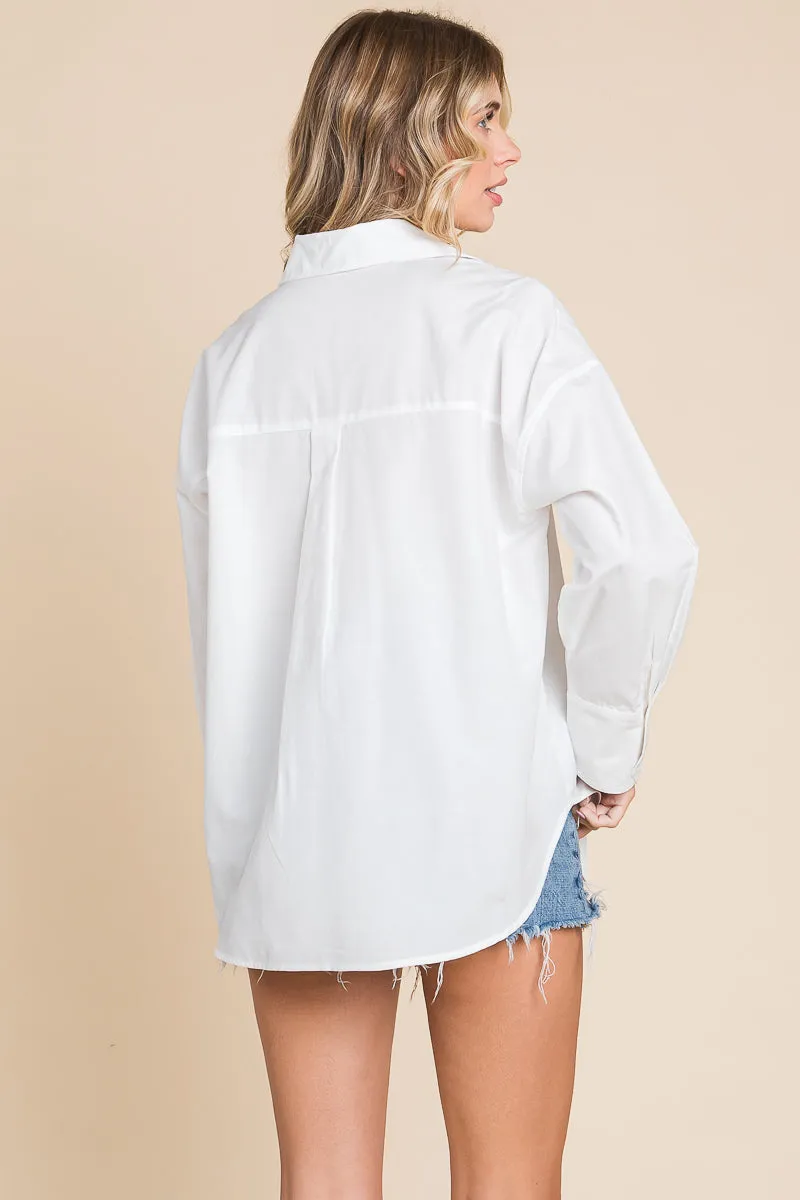 Oversized V neck Collared Long Sleeve Oxford Shirt