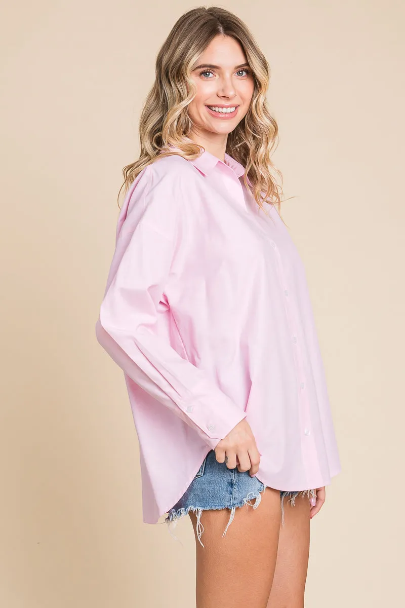 Oversized V neck Collared Long Sleeve Oxford Shirt