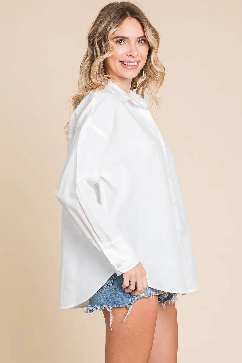 Oversized V neck Collared Long Sleeve Oxford Shirt