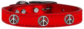 Peace Sign Widget Genuine Metallic Leather Dog Collar Red 10