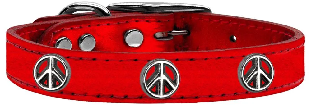 Peace Sign Widget Genuine Metallic Leather Dog Collar Red 10