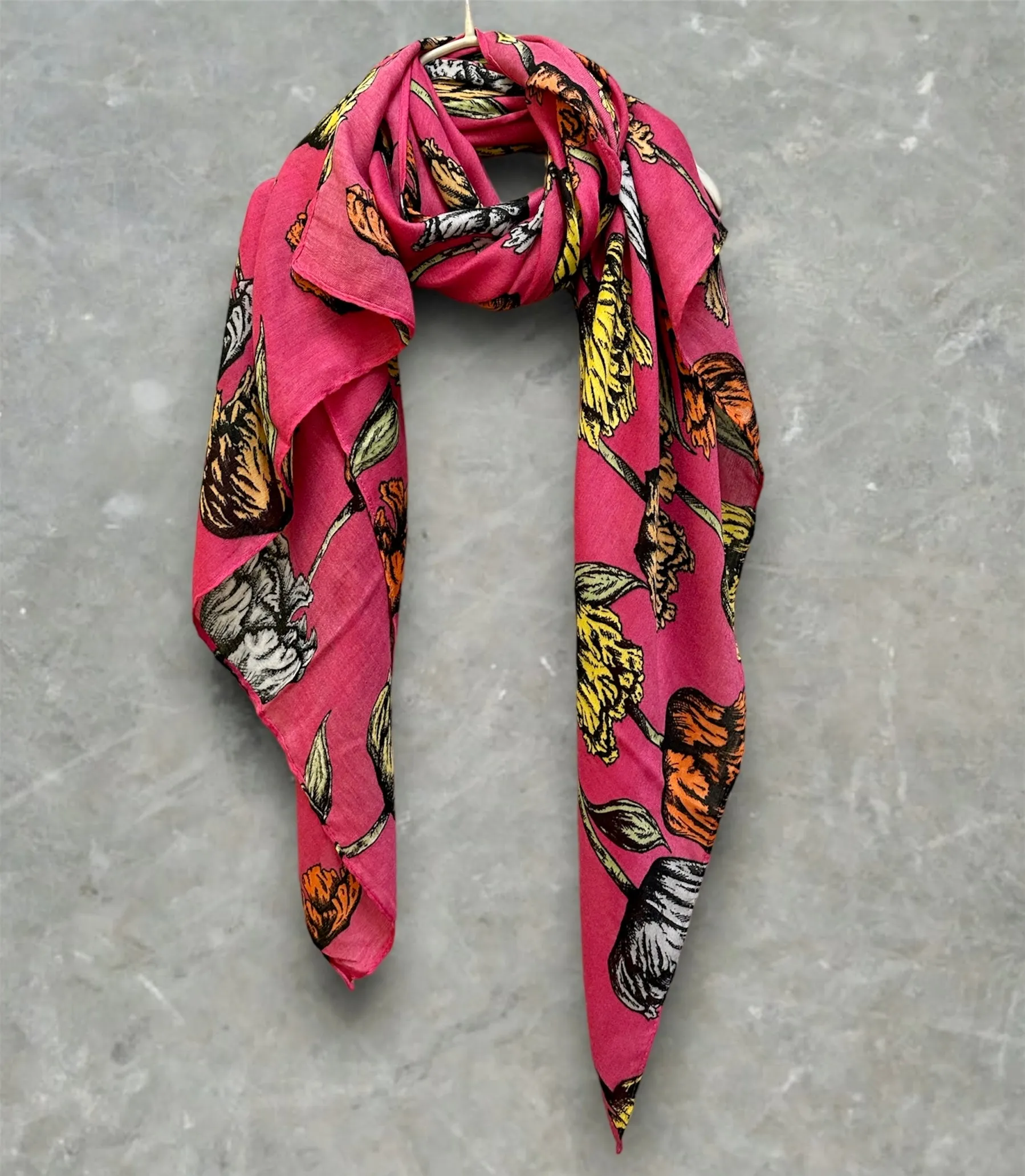 Pink Cotton Scarf with Eco-Friendly Sketched Parrot Tulips Flower Design – A Sustainable Gift for Mom and Her, Ideal for Birthday and Christmas Celebrations