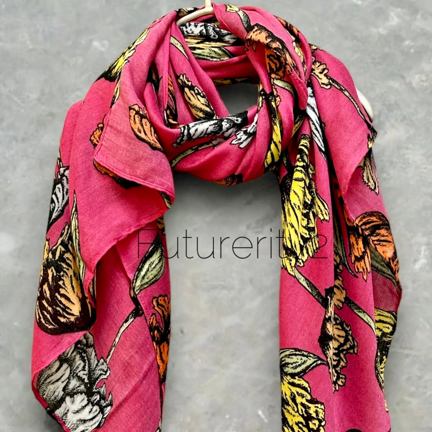 Pink Cotton Scarf with Eco-Friendly Sketched Parrot Tulips Flower Design – A Sustainable Gift for Mom and Her, Ideal for Birthday and Christmas Celebrations