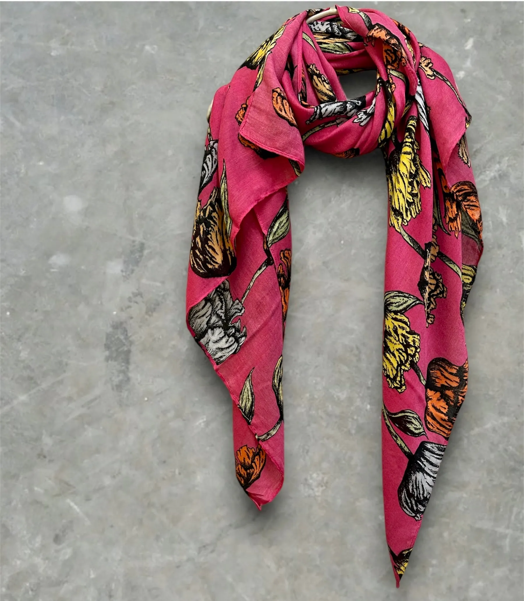 Pink Cotton Scarf with Eco-Friendly Sketched Parrot Tulips Flower Design – A Sustainable Gift for Mom and Her, Ideal for Birthday and Christmas Celebrations