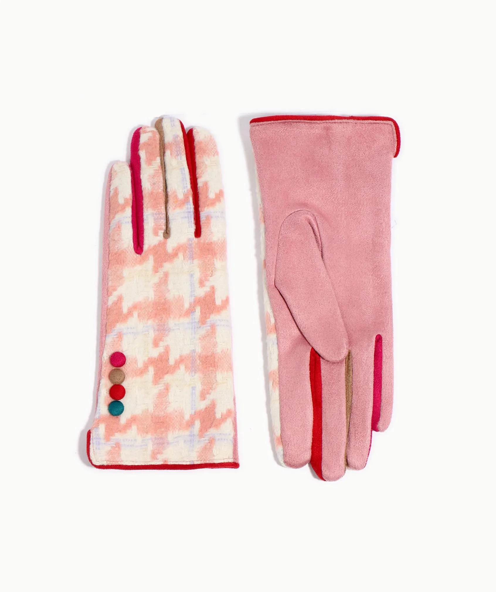 Pink Faux Suede Houndstooth Gloves with Red Trim