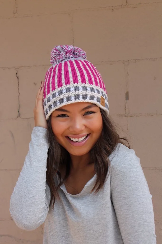 Pink Lined Pom Hat