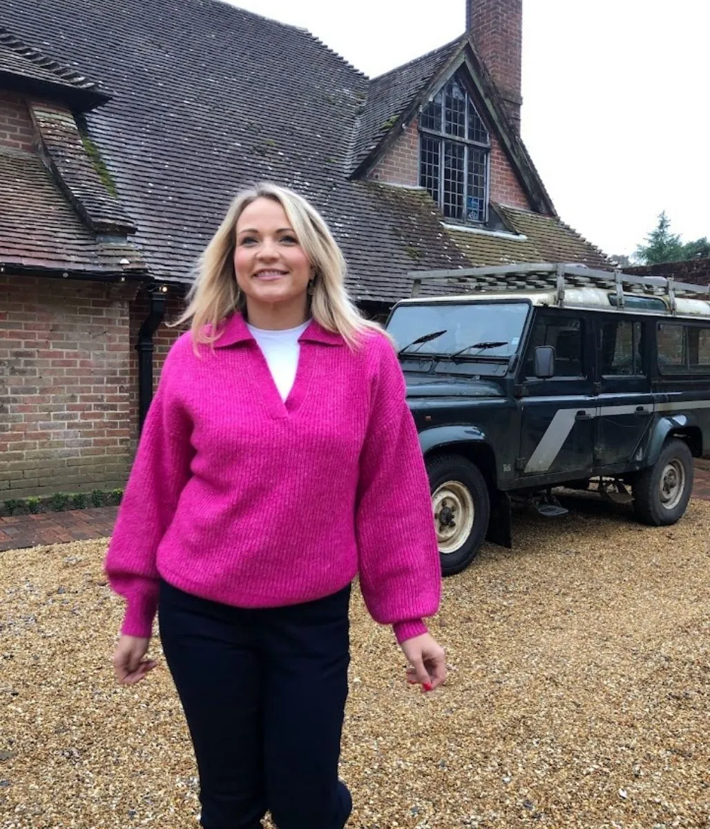 Pink Notch Neck Collared Jumper