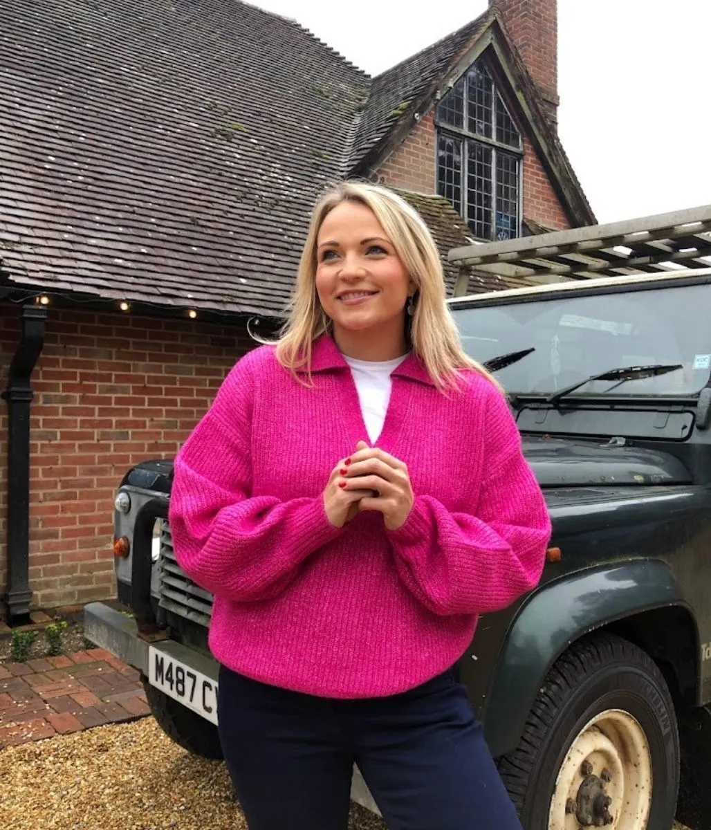 Pink Notch Neck Collared Jumper