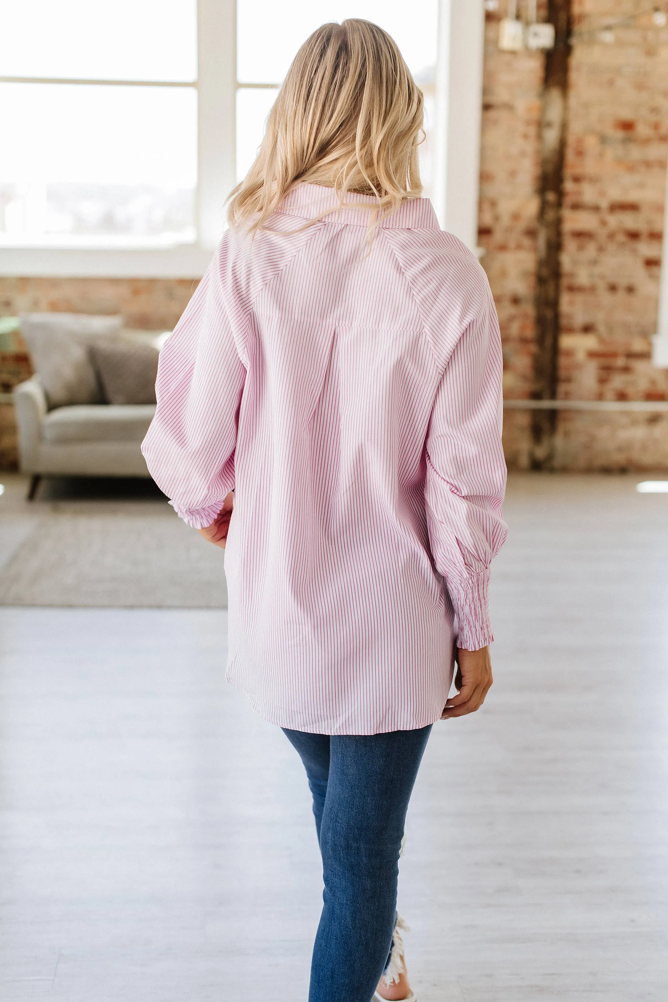 Pink Striped Cinched Sleeve Top