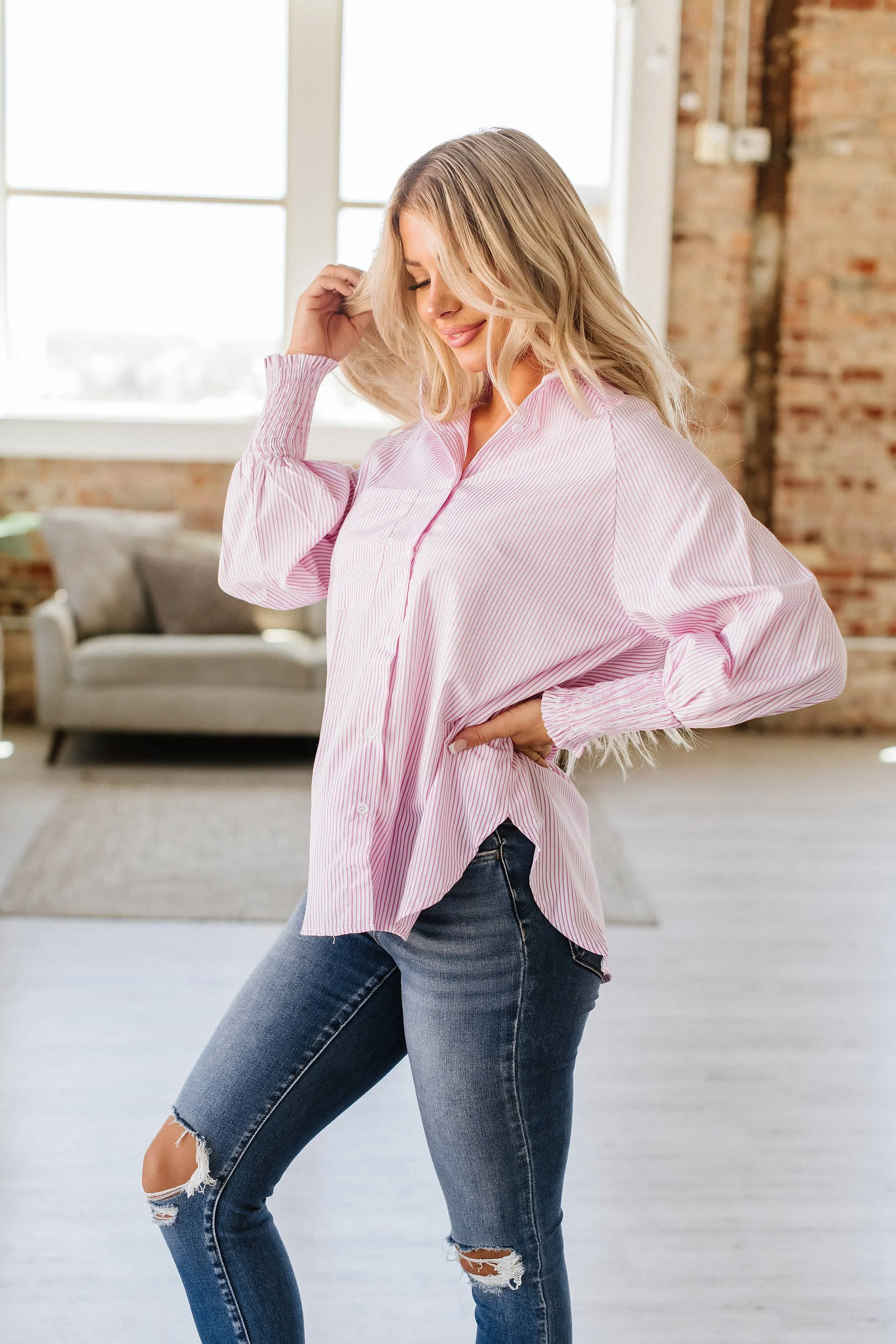 Pink Striped Cinched Sleeve Top