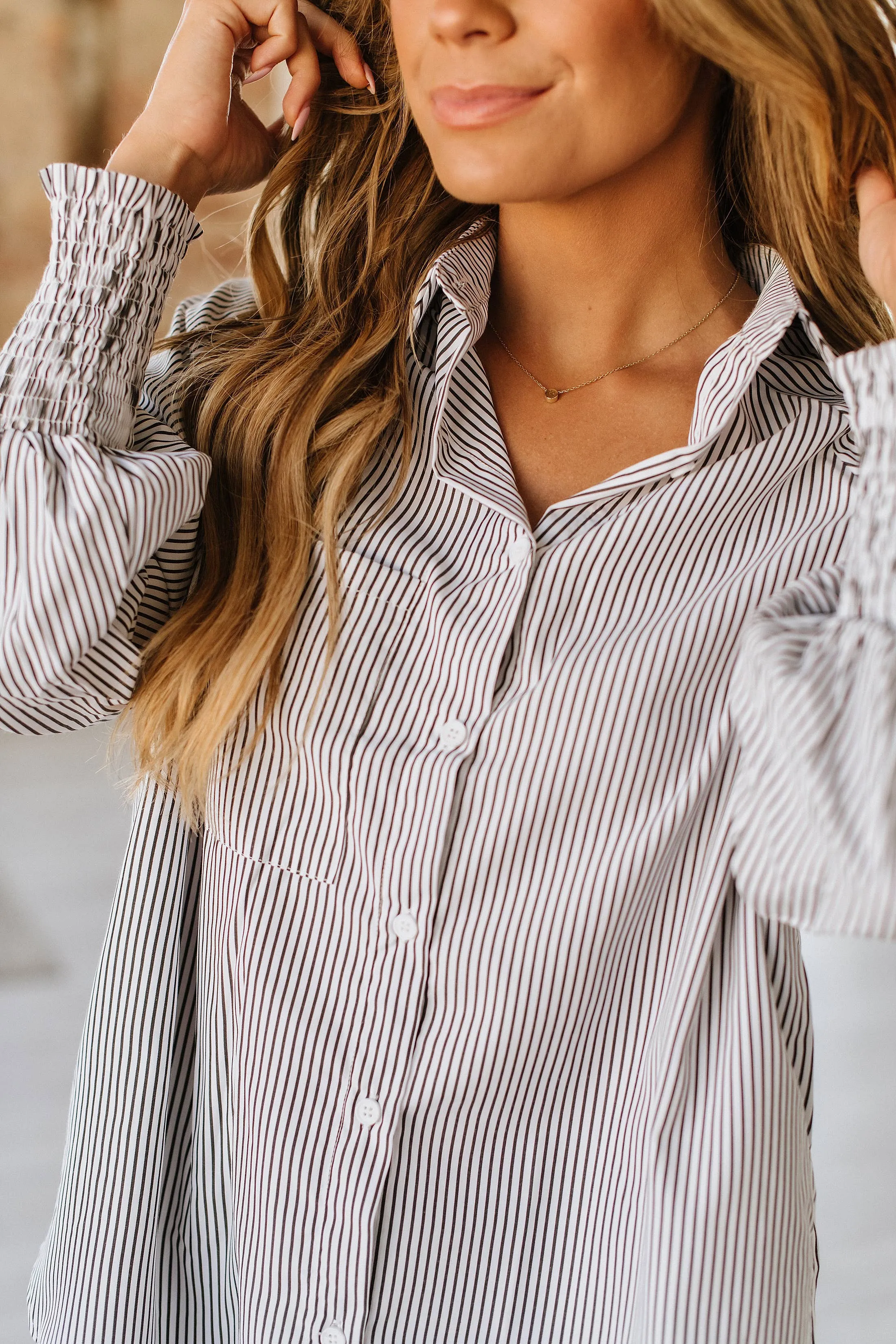 Pink Striped Cinched Sleeve Top