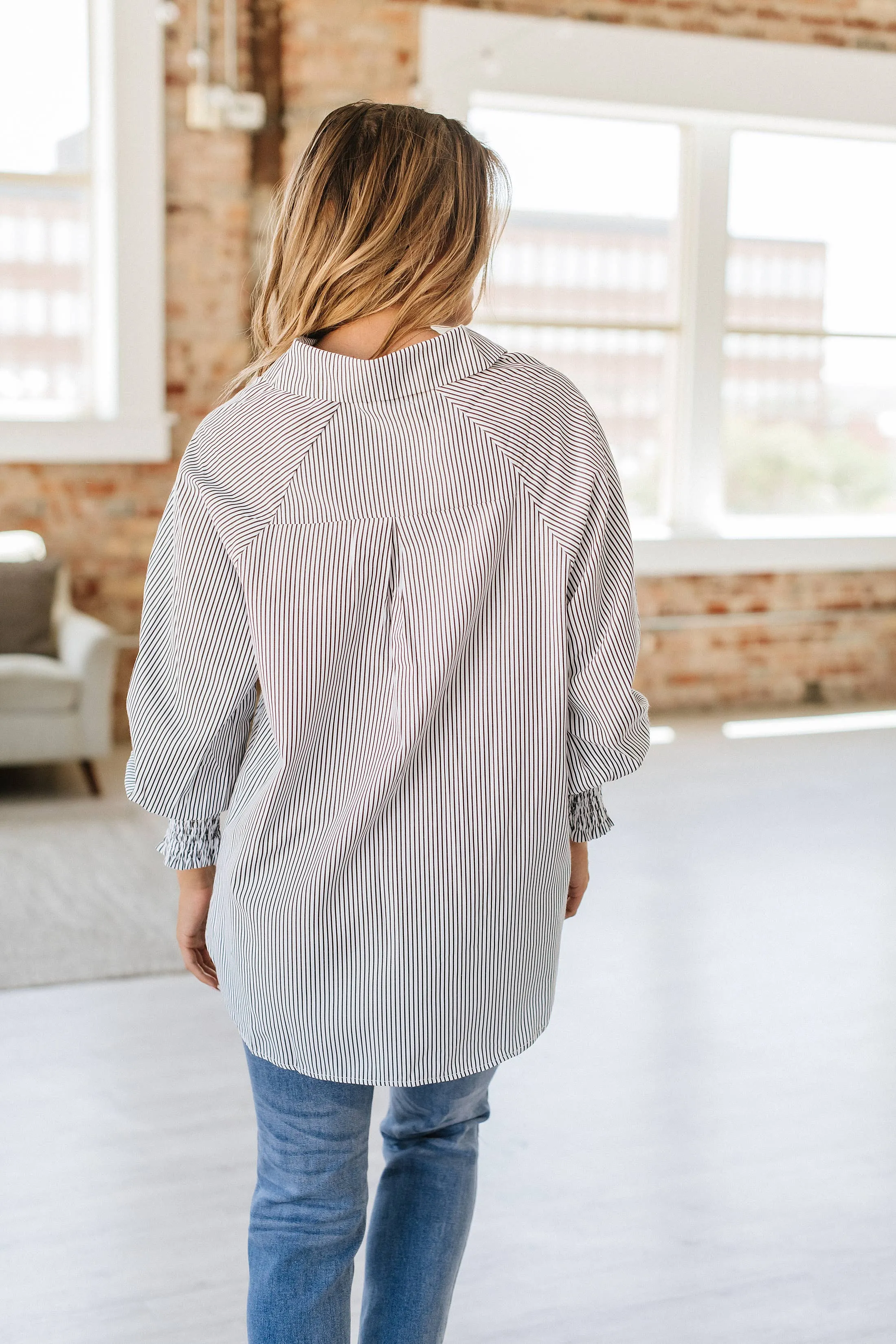 Pink Striped Cinched Sleeve Top