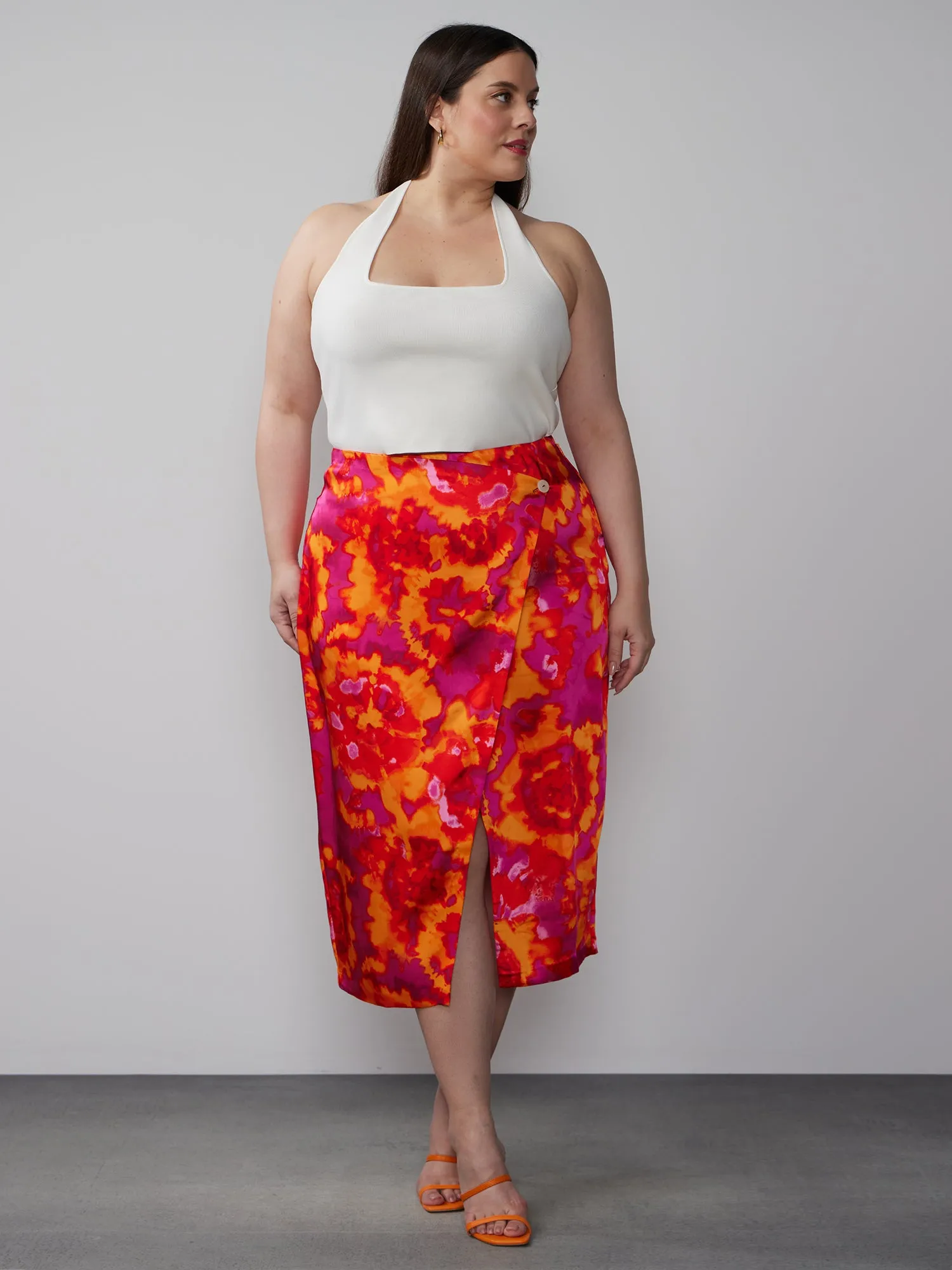 Plus Tie Dye Satin Midi Skirt