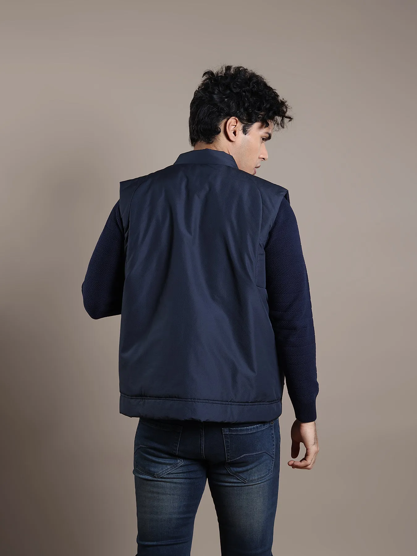 Polyester Navy Blue Plain Regular Fit Sleeve Less Casual Windcheater