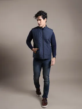 Polyester Navy Blue Plain Regular Fit Sleeve Less Casual Windcheater