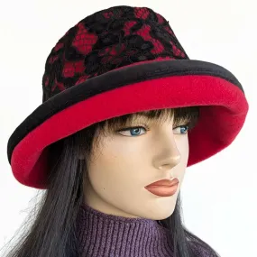 Premium Winter Fashion Hat with velvet trim, red with black velvet lace band trim