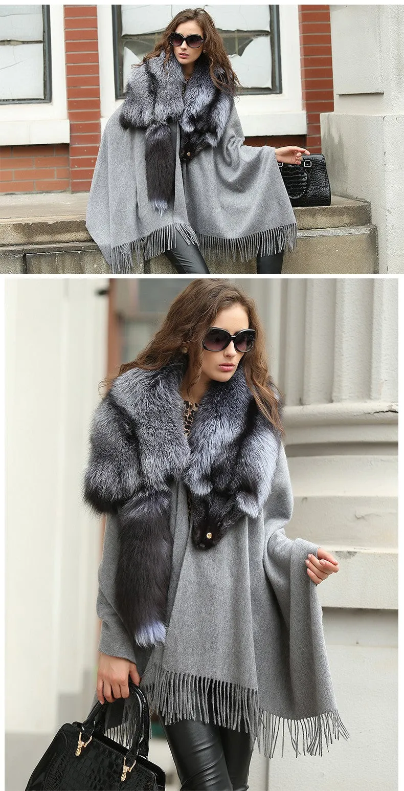 Real Silver Fox Fur Scarf Collar Shawls Cashmere Poncho