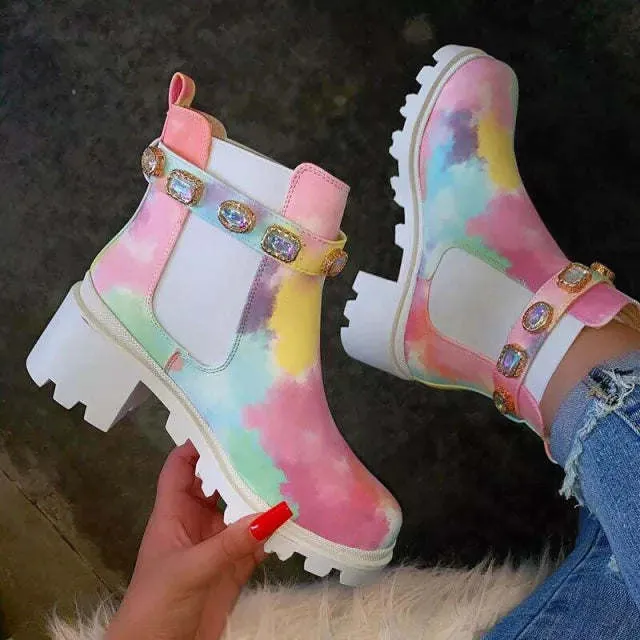 Rhinestone Rainbow Ankle Boots