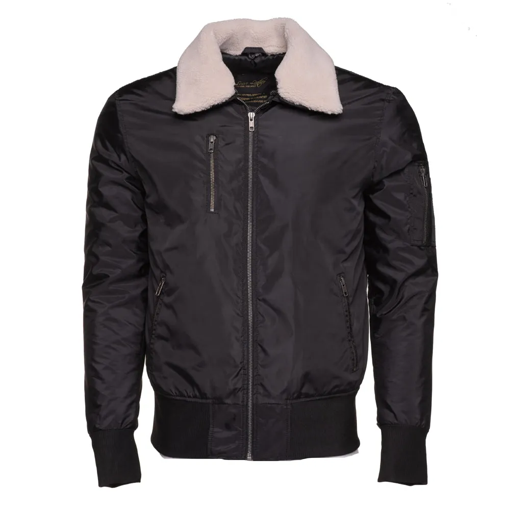 Riccardo's Black Nylon flight jacket with fur collar