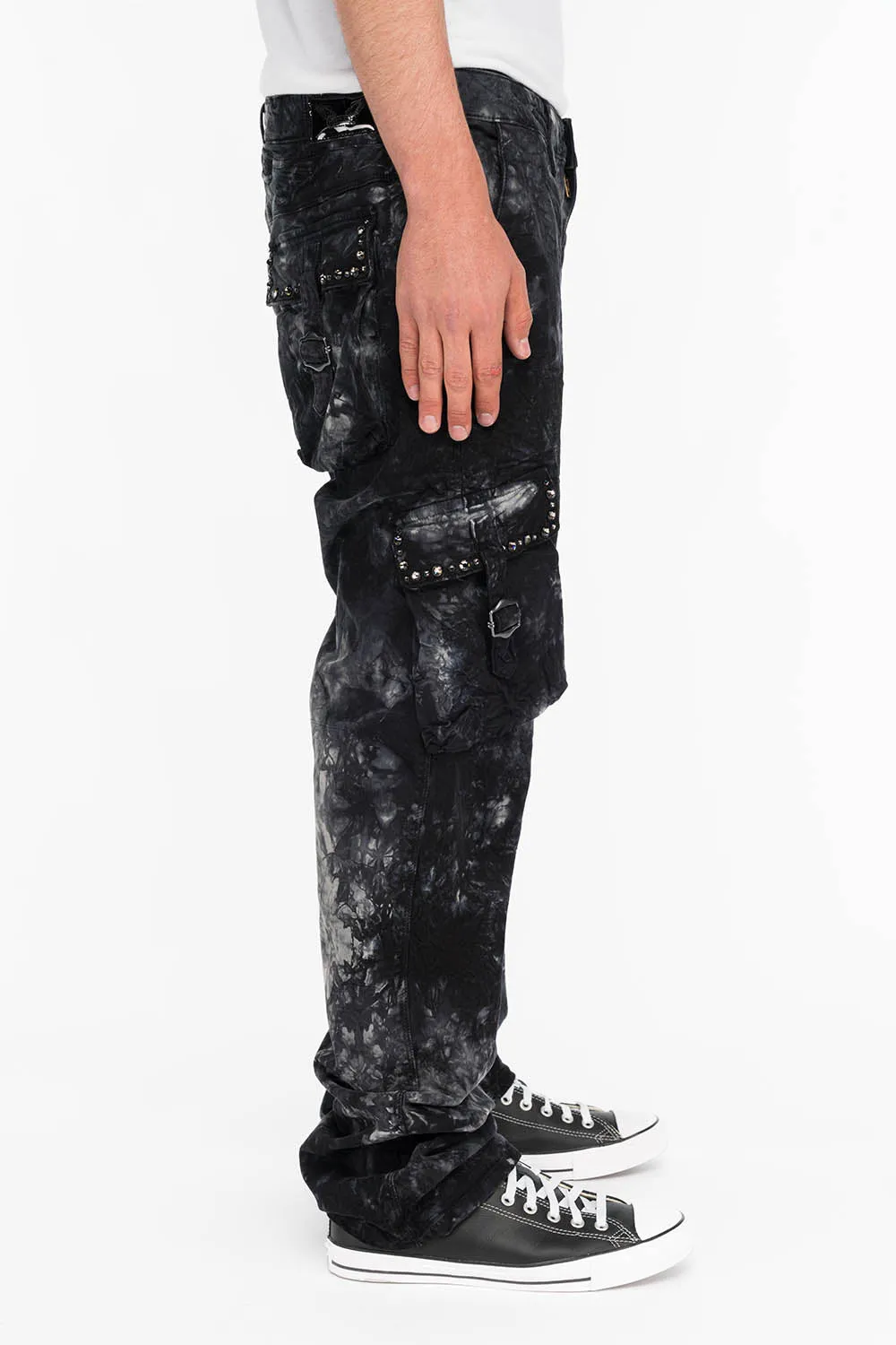 ROBINS NEW MILITARY STYLE CARGO PANTS IN ASTROBLACK WASH WITH STUDS AND CRYSTALS