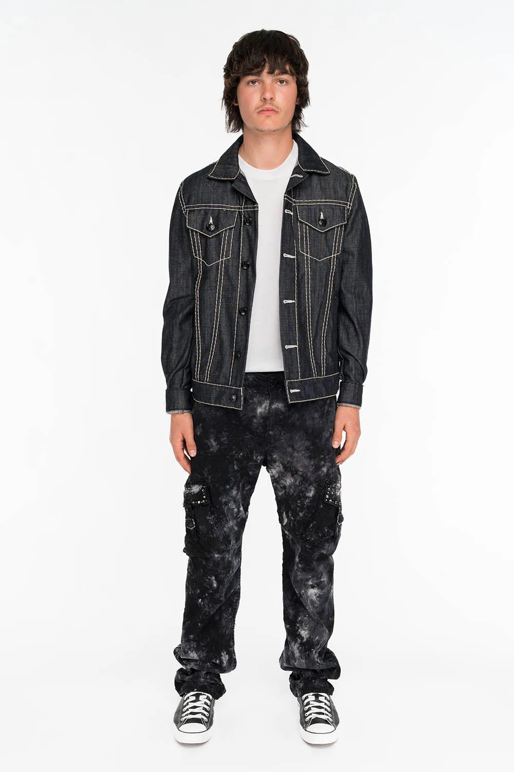 ROBINS NEW MILITARY STYLE CARGO PANTS IN ASTROBLACK WASH WITH STUDS AND CRYSTALS