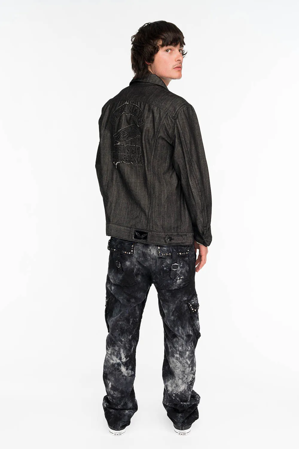 ROBINS NEW MILITARY STYLE CARGO PANTS IN ASTROBLACK WASH WITH STUDS AND CRYSTALS