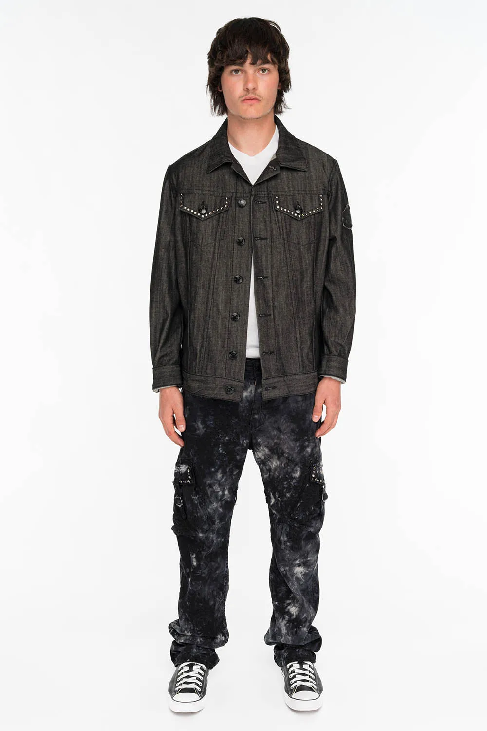 ROBINS NEW MILITARY STYLE CARGO PANTS IN ASTROBLACK WASH WITH STUDS AND CRYSTALS