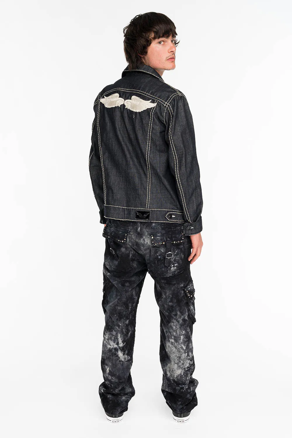 ROBINS NEW MILITARY STYLE CARGO PANTS IN ASTROBLACK WASH WITH STUDS AND CRYSTALS