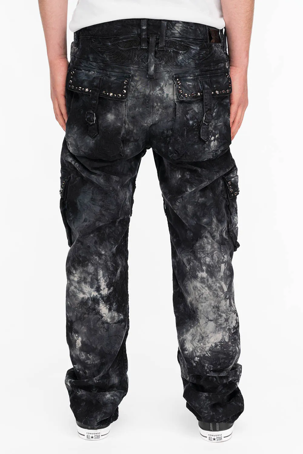 ROBINS NEW MILITARY STYLE CARGO PANTS IN ASTROBLACK WASH WITH STUDS AND CRYSTALS