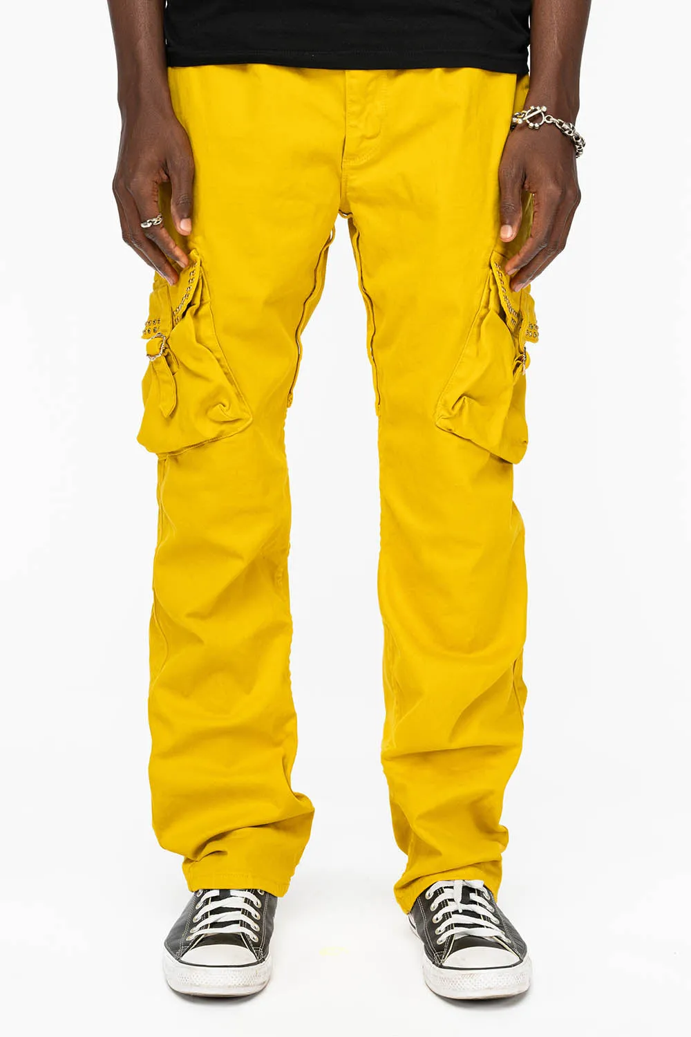 ROBINS NEW MILITARY STYLE CARGO PANTS IN MUSTARD WITH CITRINE CRYSTALS