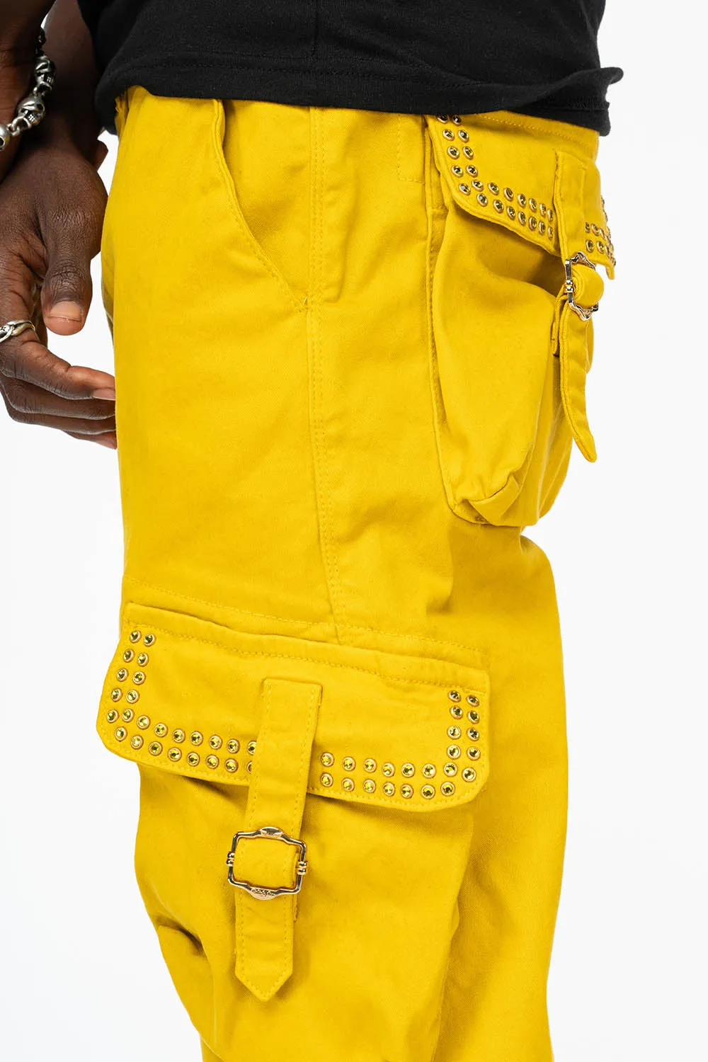 ROBINS NEW MILITARY STYLE CARGO PANTS IN MUSTARD WITH CITRINE CRYSTALS