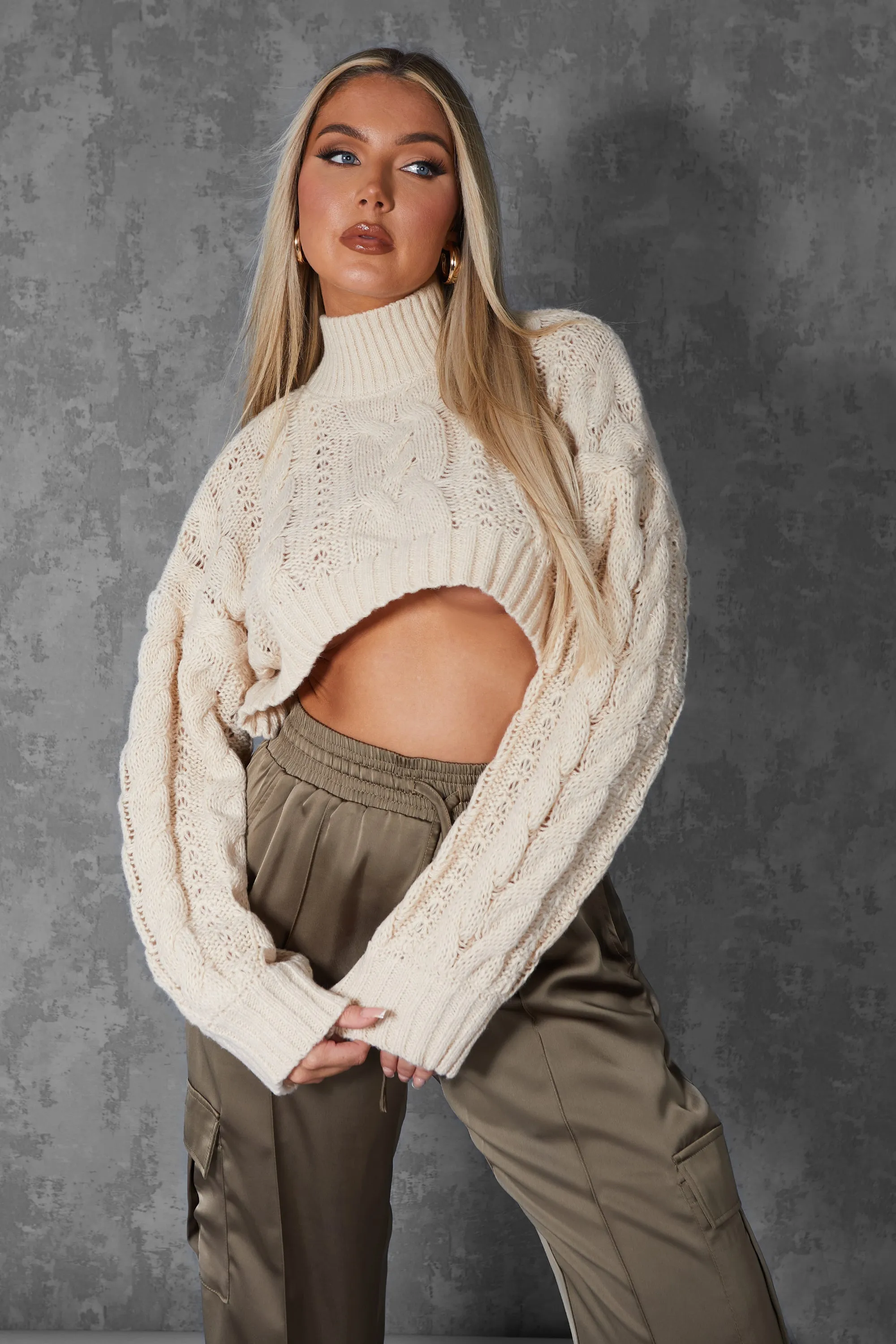 Roll Neck Cropped Cable Knitted Jumper Stone