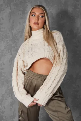 Roll Neck Cropped Cable Knitted Jumper Stone